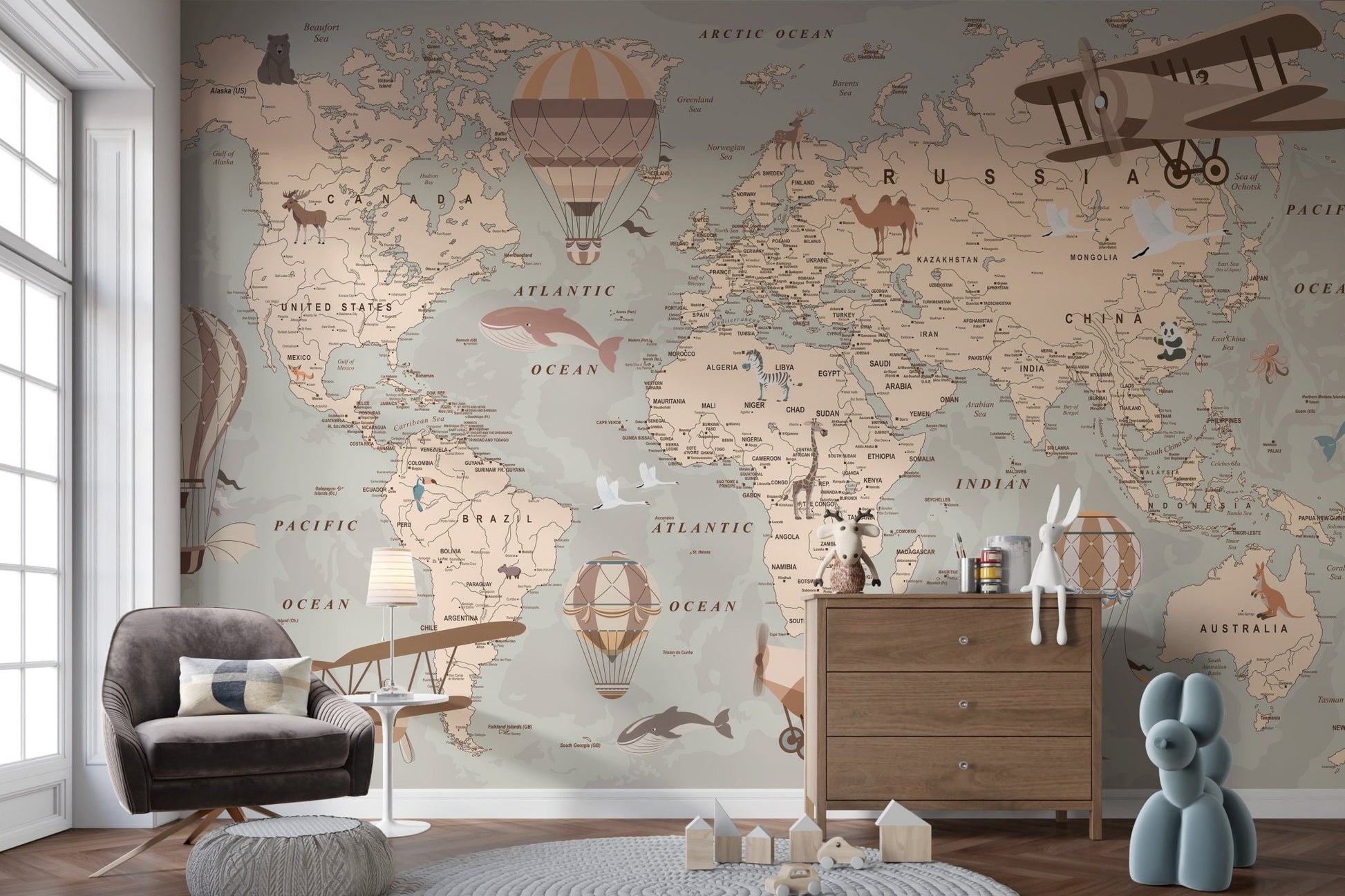 Sepia toned old world map wallpaper with illustrated animals and oceans.