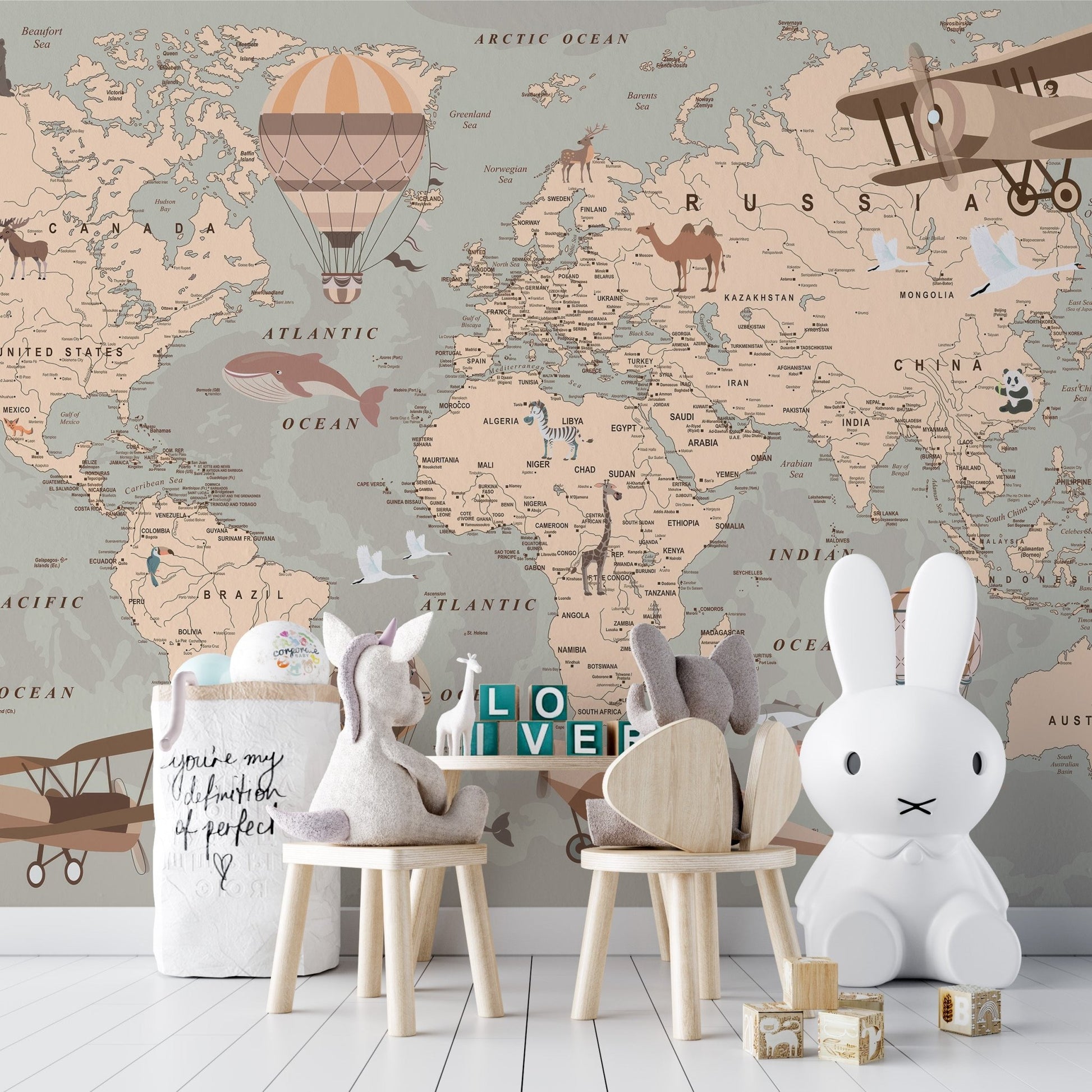 Educational globe map mural with antique flying machines for wall decor.