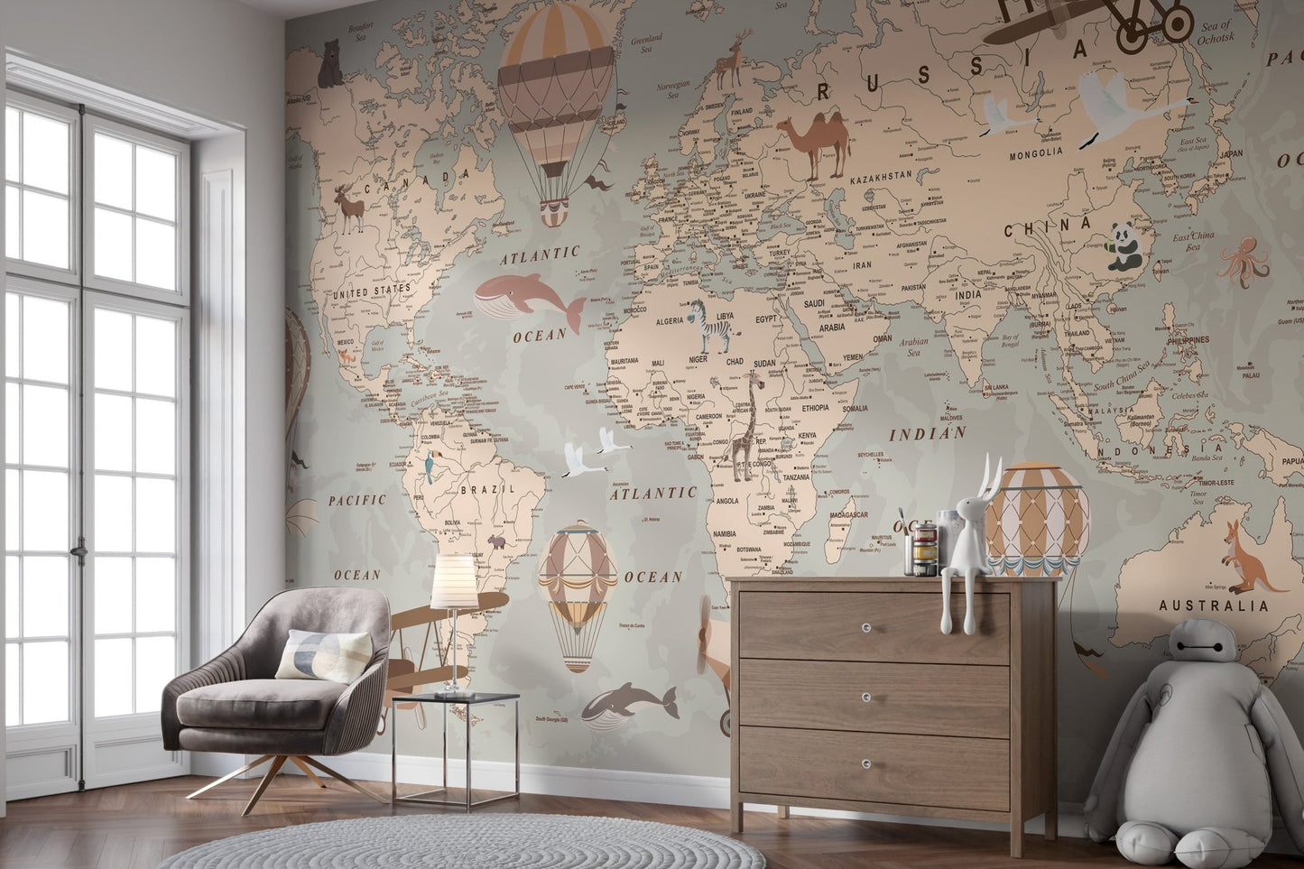 Large scale world map wallpaper featuring vintage transportation motifs.