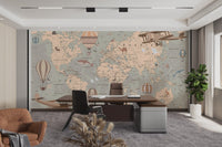 Muted beige and brown world map wallpaper mural for a neutral interior.
