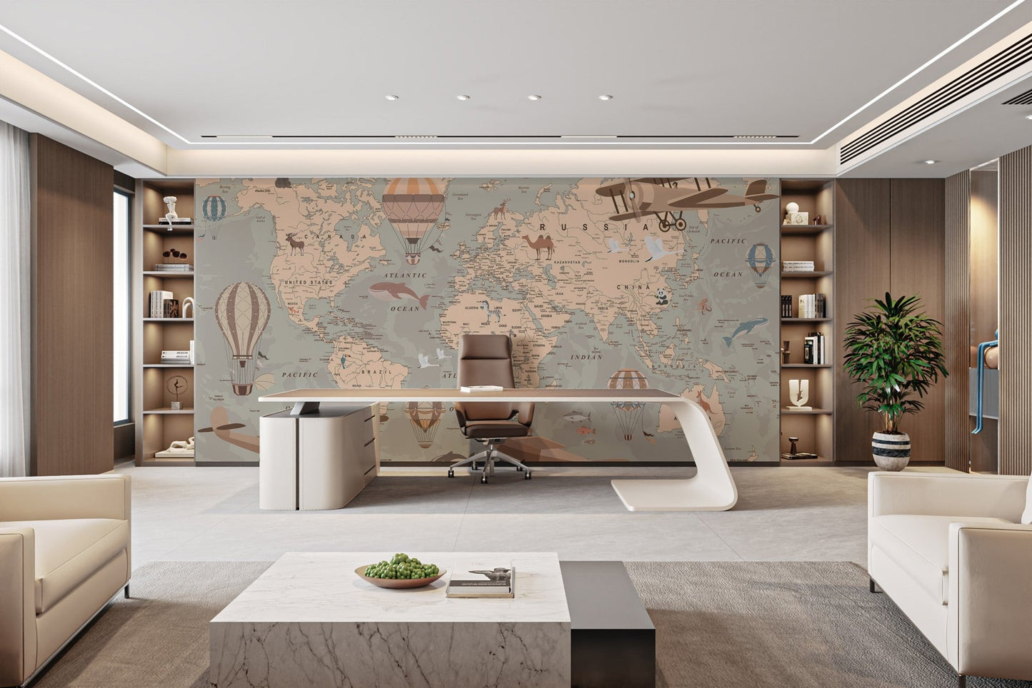 Antique style geography wallpaper mural for a modern feature wall.