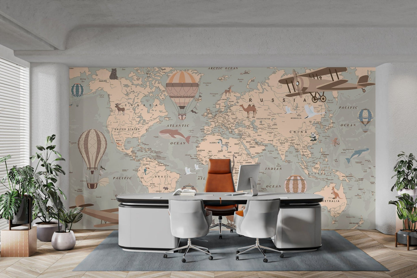 Classic world map mural with retro biplanes and travel illustrations.