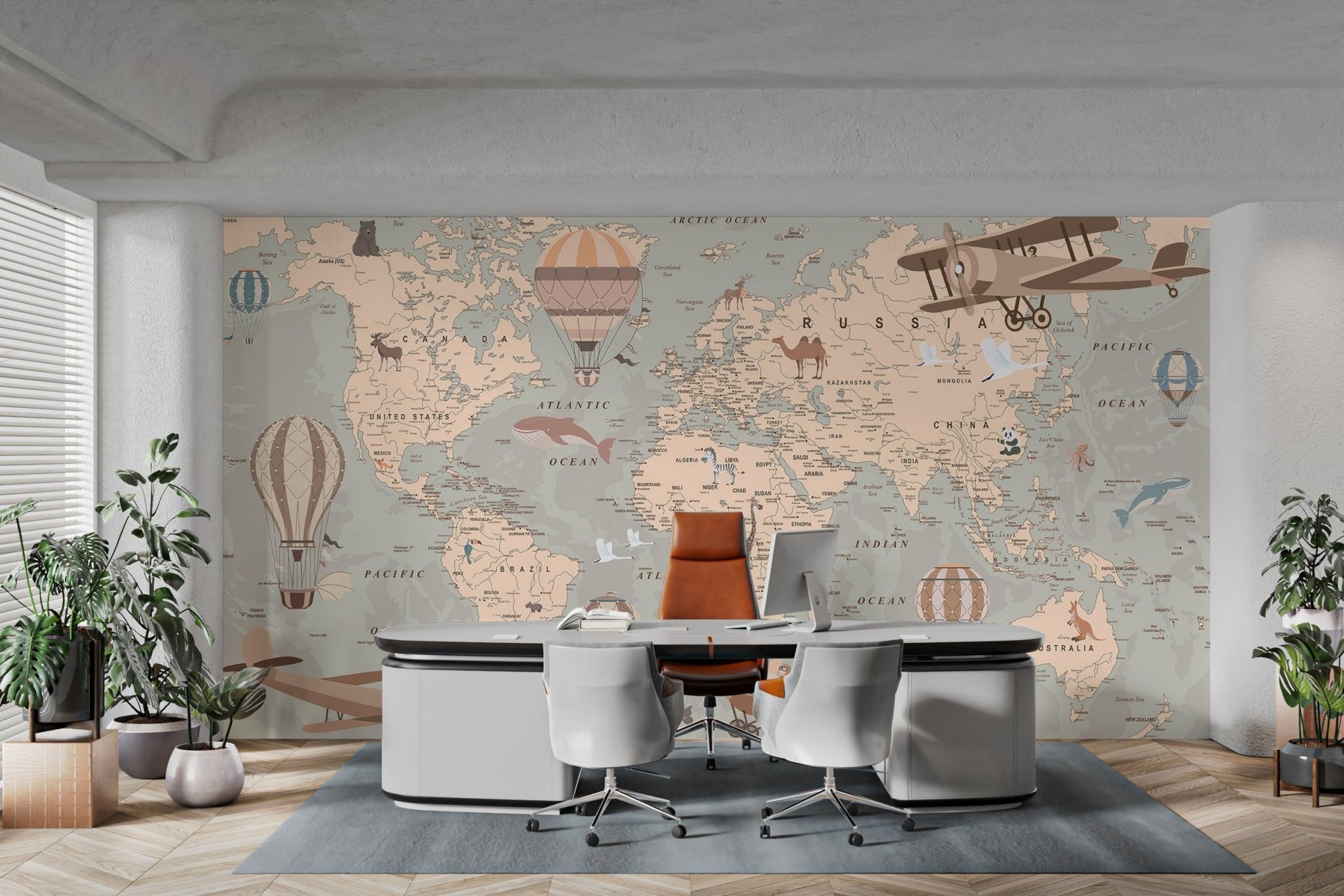 Classic world map mural with retro biplanes and travel illustrations.