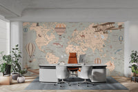 Classic world map mural with retro biplanes and travel illustrations.