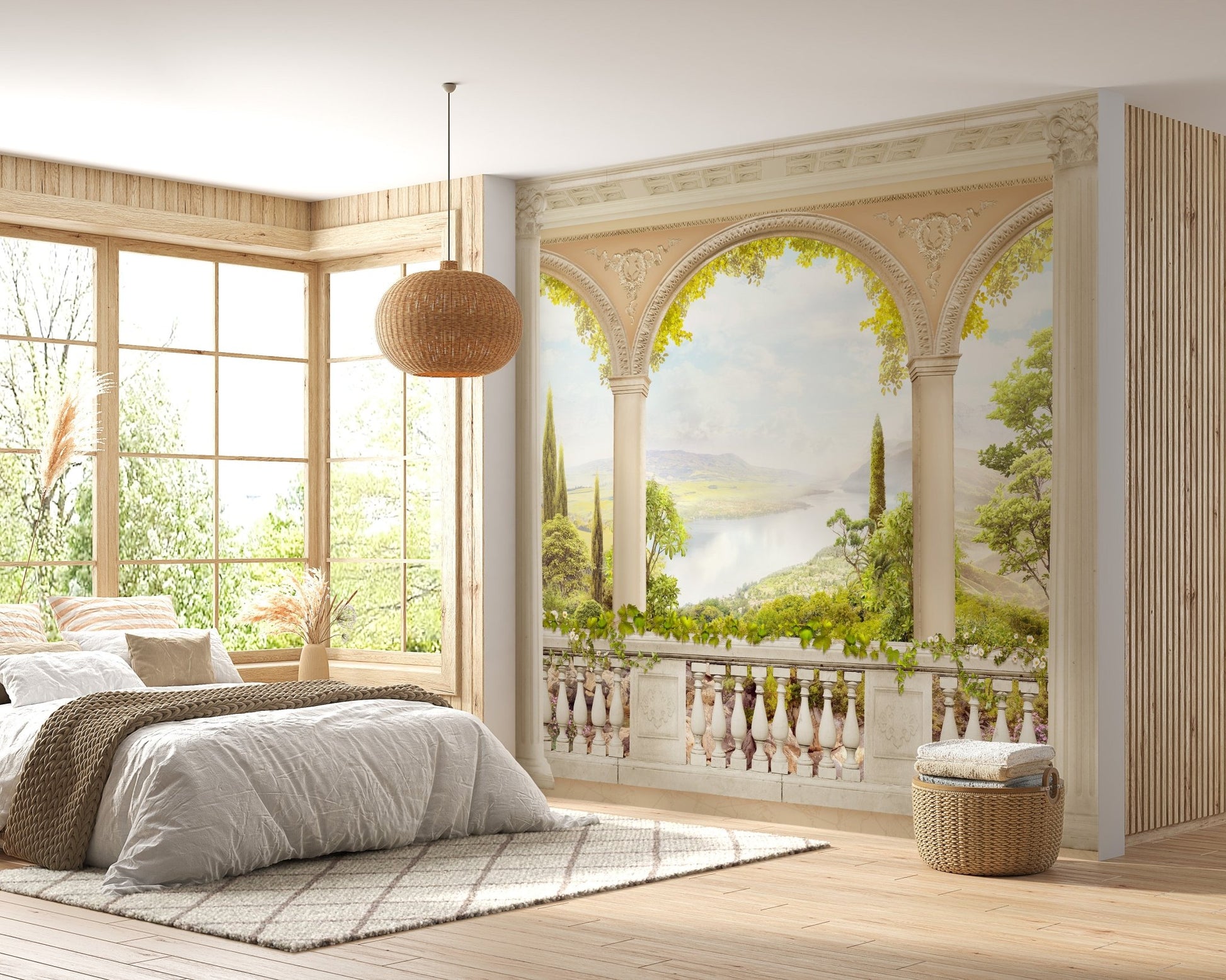 Bedroom wall mural with a large arched balcony and neutral bedding.