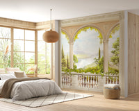 Bedroom wall mural with a large arched balcony and neutral bedding.