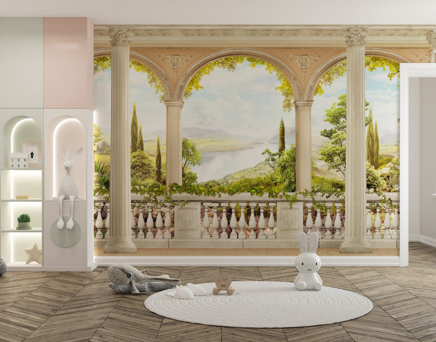 Playroom wall mural with arched balcony views of a lake and trees.