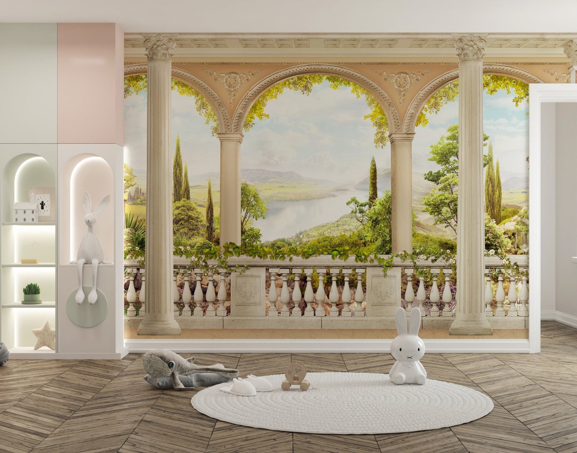 Playroom wall mural with arched balcony views of a lake and trees.