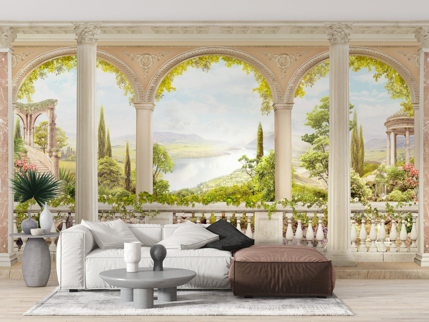 Living room wall mural featuring a stone arch balcony and green landscape.