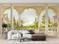 Living room wall mural featuring a stone arch balcony and green landscape.
