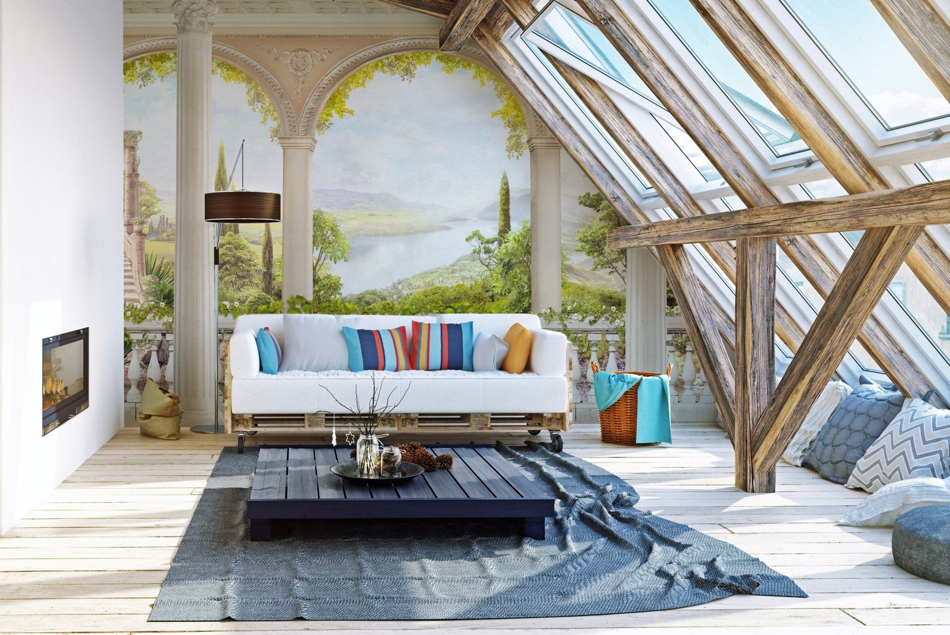 Scenic mural with a vintage balcony view for timeless living area interiors.
