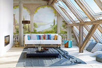 Scenic mural with a vintage balcony view for timeless living area interiors.
