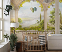 Nursery wall mural with a vintage balcony design and wooden crib.