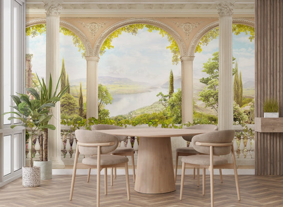 Dining room wall mural depicting a classical balcony and Mediterranean flora.