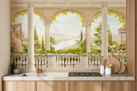 Kitchen wall mural featuring a balcony view behind a stovetop counter.