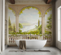 Minimalist bathroom wall mural with a freestanding tub and balcony view.
