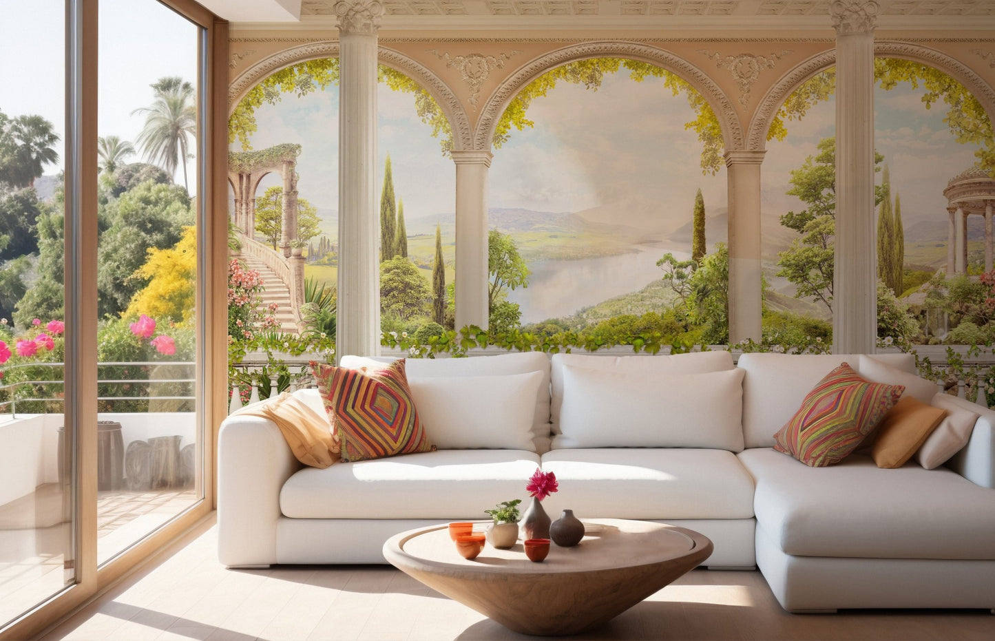 Modern living area wall mural showing a beige balcony overlooking a valley.