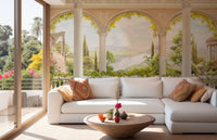 Modern living area wall mural showing a beige balcony overlooking a valley.