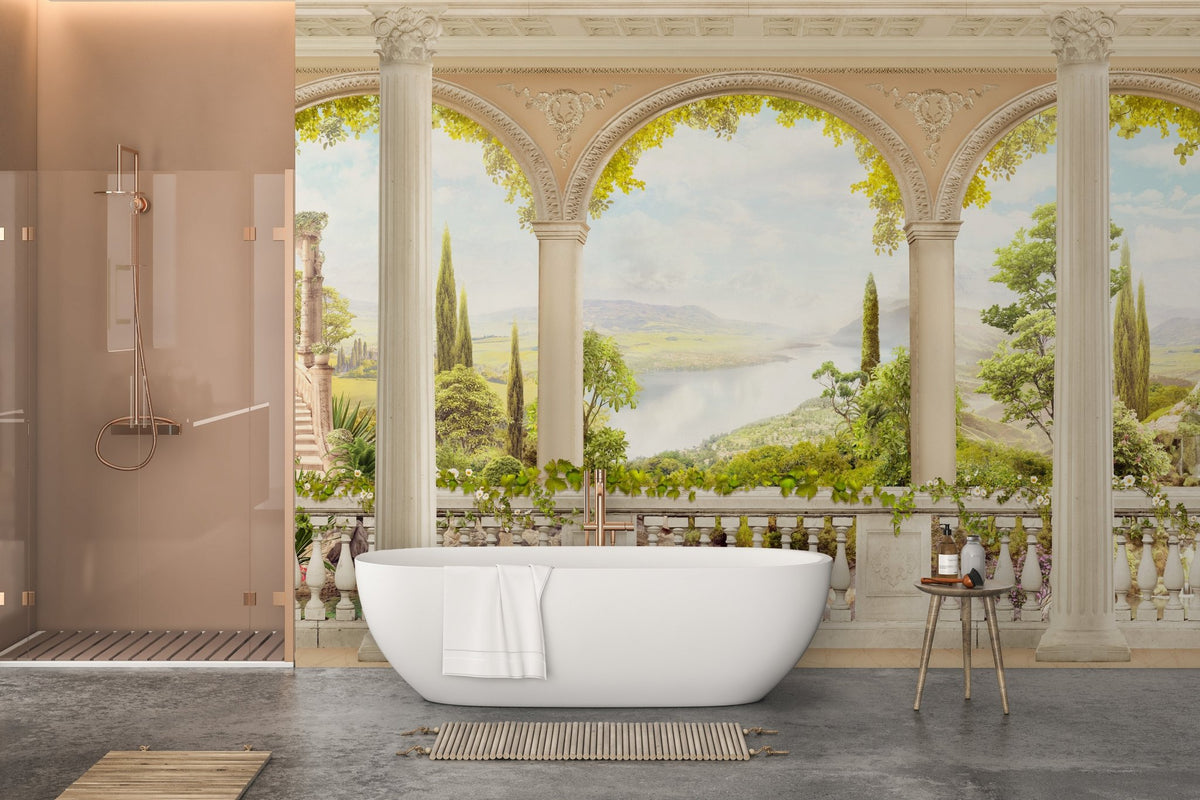 Old World Outlook Vintage Balcony Murals in a bathroom with a white tub.