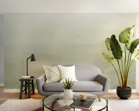 Olive green ombre wall mural with soft watercolor gradient wallpaper texture.
