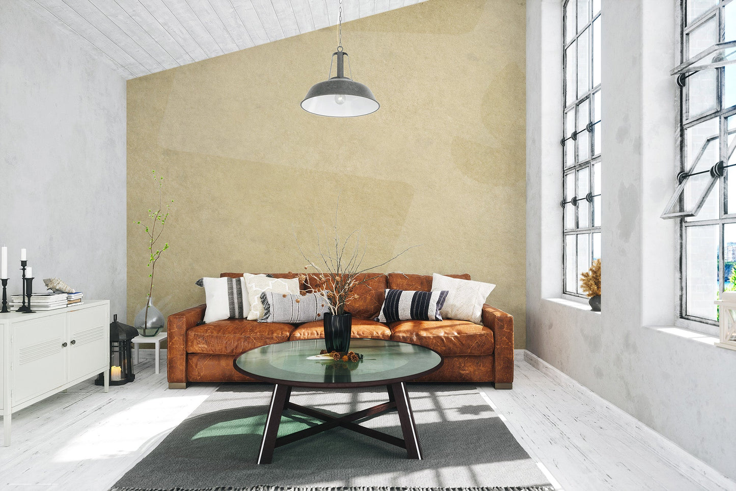 Textured parchment look wall mural with olive branch detail.