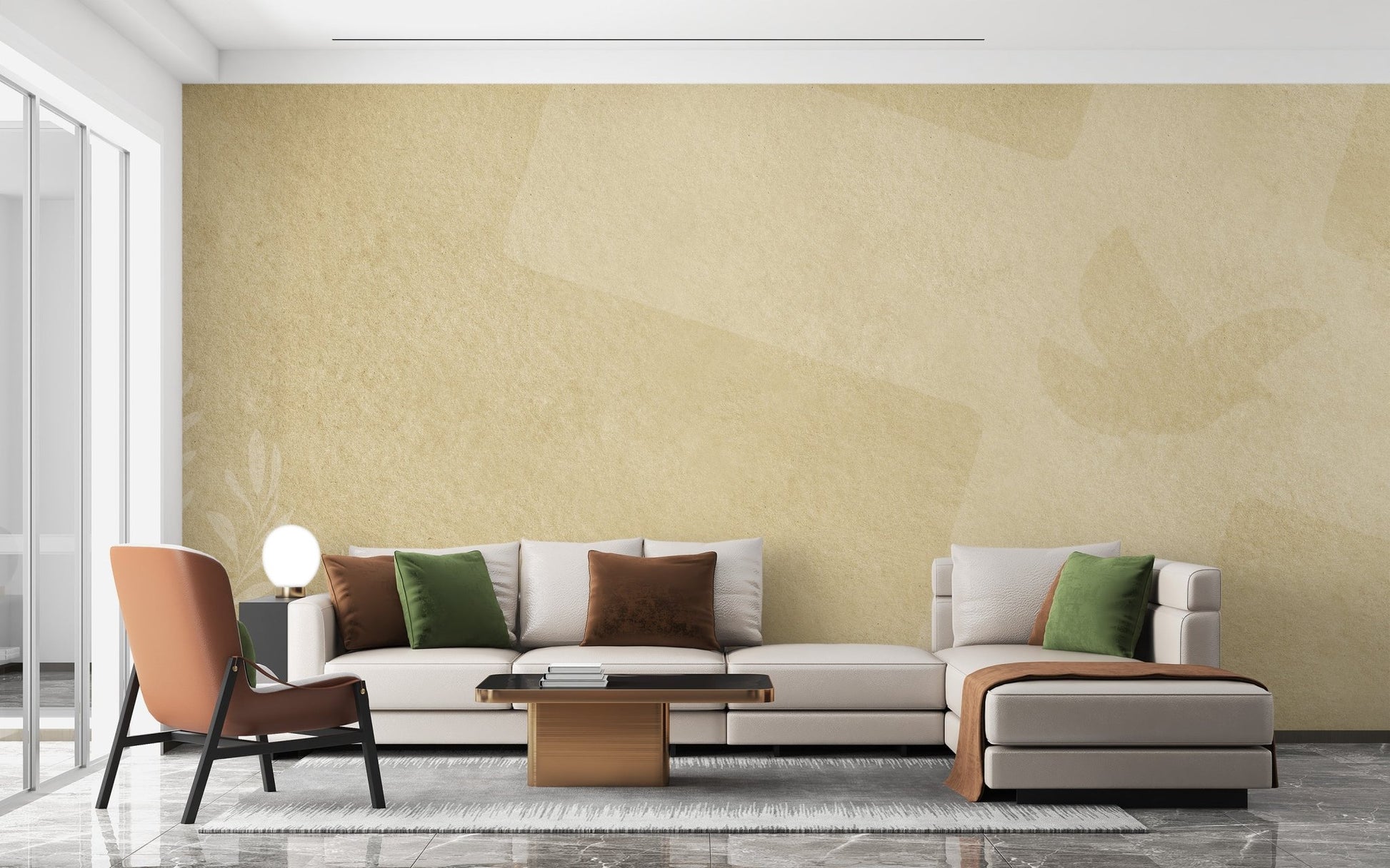 Soft neutral wall mural featuring white dove silhouette.