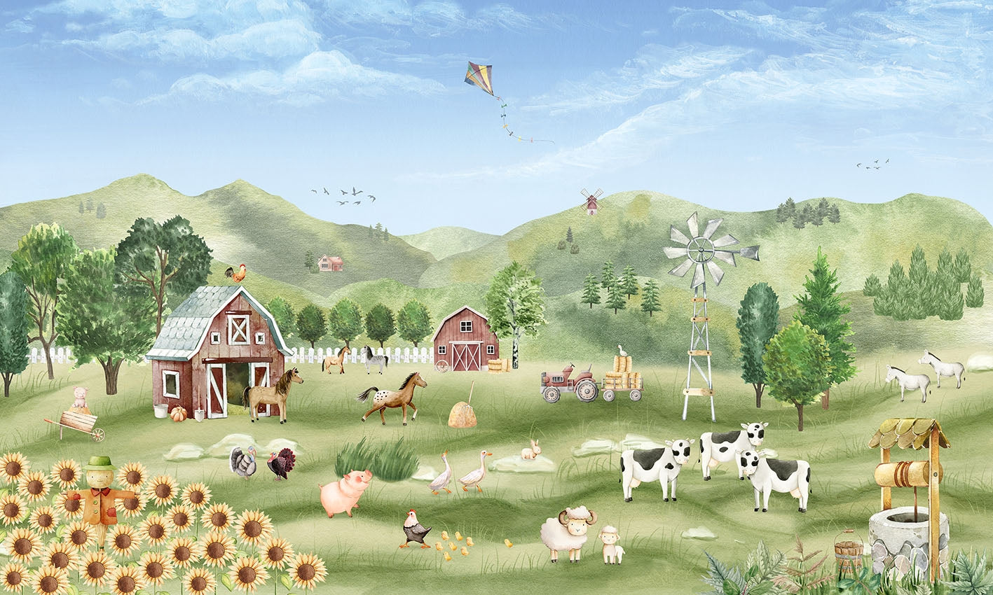 Pastoral Farm Life Scene Wall Mural