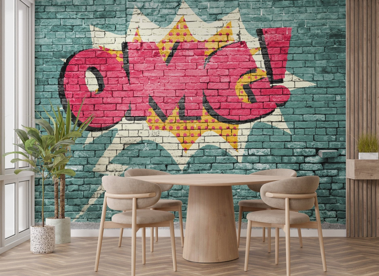 OMG urban graffiti mural wallpaper on brick style wall.