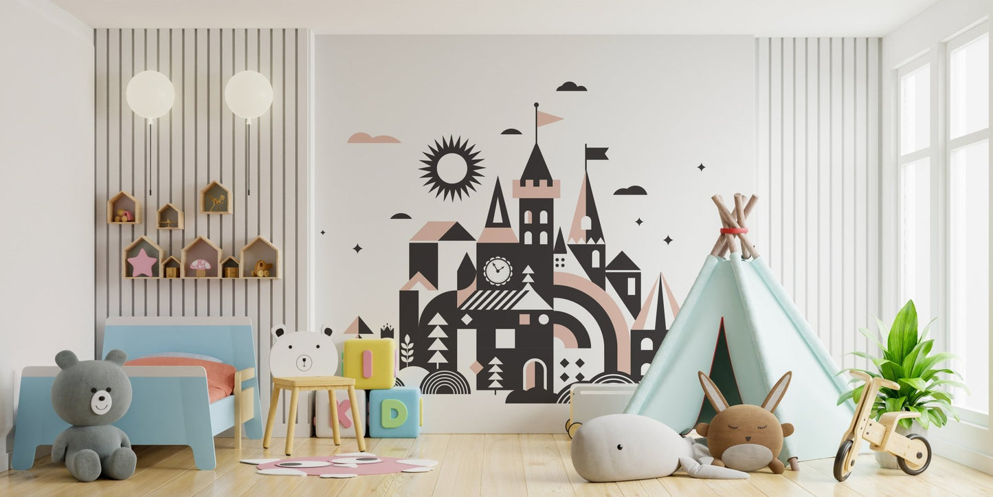 Once Upon a Time mural with a dreamy fairy tale kingdom scene in kids bedroom.
