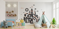 Once Upon a Time mural with a dreamy fairy tale kingdom scene in kids bedroom.
