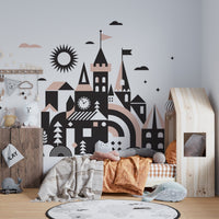 Dreamy kingdom mural with a Once Upon a Time fairy tale theme in children bedroom.
