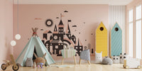 Whimsical fairy tale kingdom mural for imaginative playroom wall decor.
