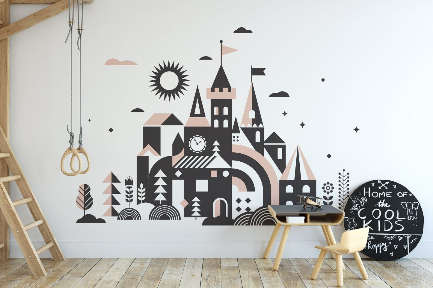 Once Upon a Time mural featuring a magical castle and kingdom in kids creative room.
