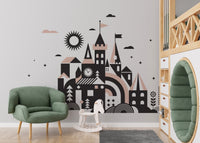 Fairy tale kingdom mural for magical and playful nursery interiors.
