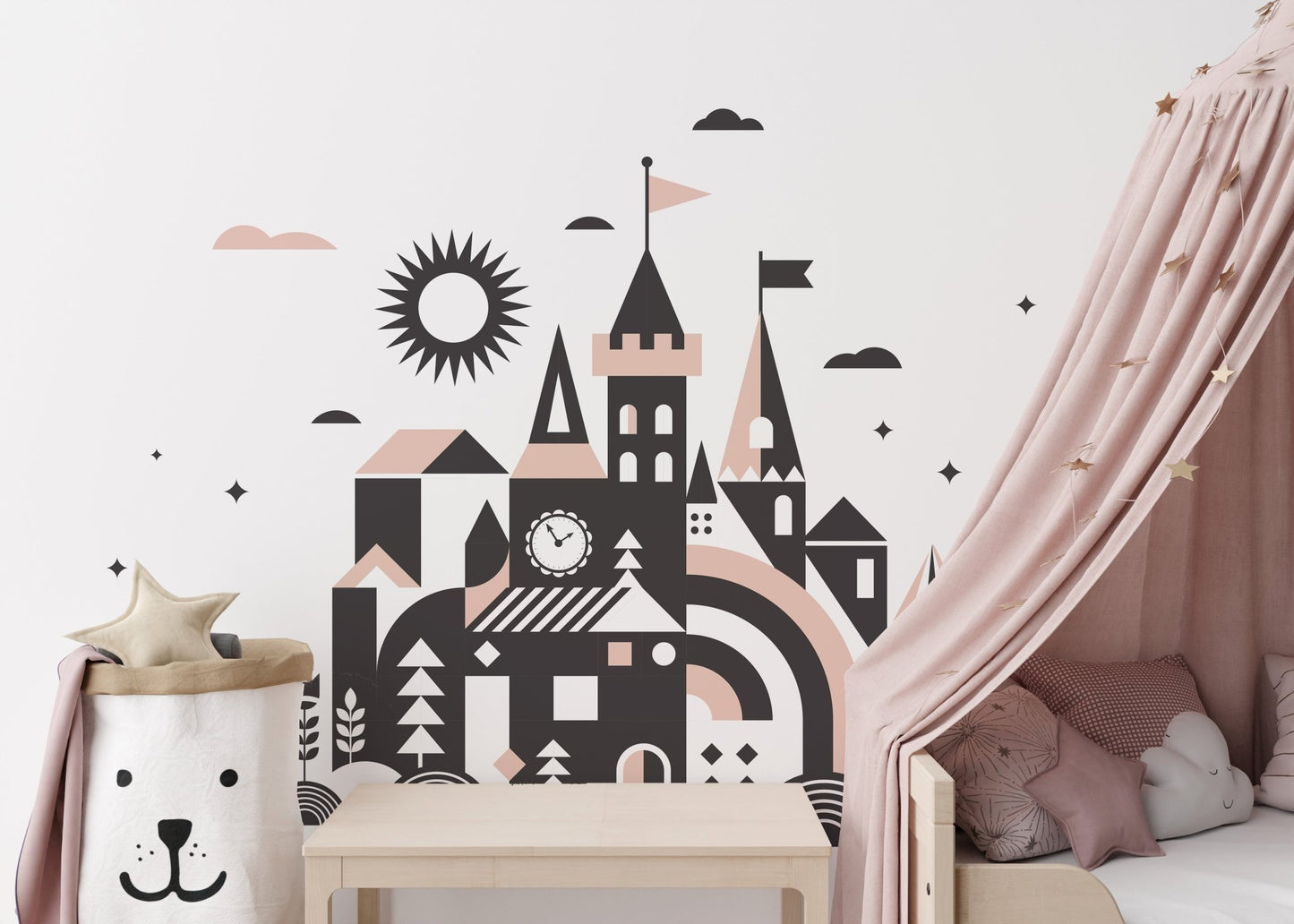 Beautiful fairy tale kingdom mural for storybook-inspired kids bedroom walls.
