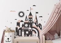 Beautiful fairy tale kingdom mural for storybook-inspired kids bedroom walls.
