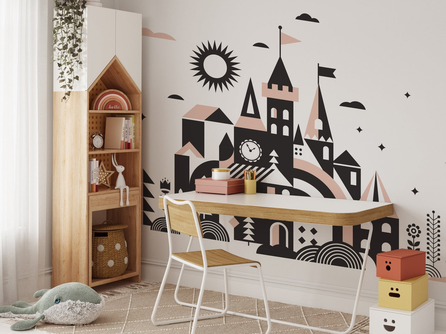 Storybook-inspired mural with a charming fairy tale kingdom for study space.
