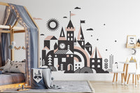 Enchanting fairy tale mural with a classic kingdom design in toddler room.
