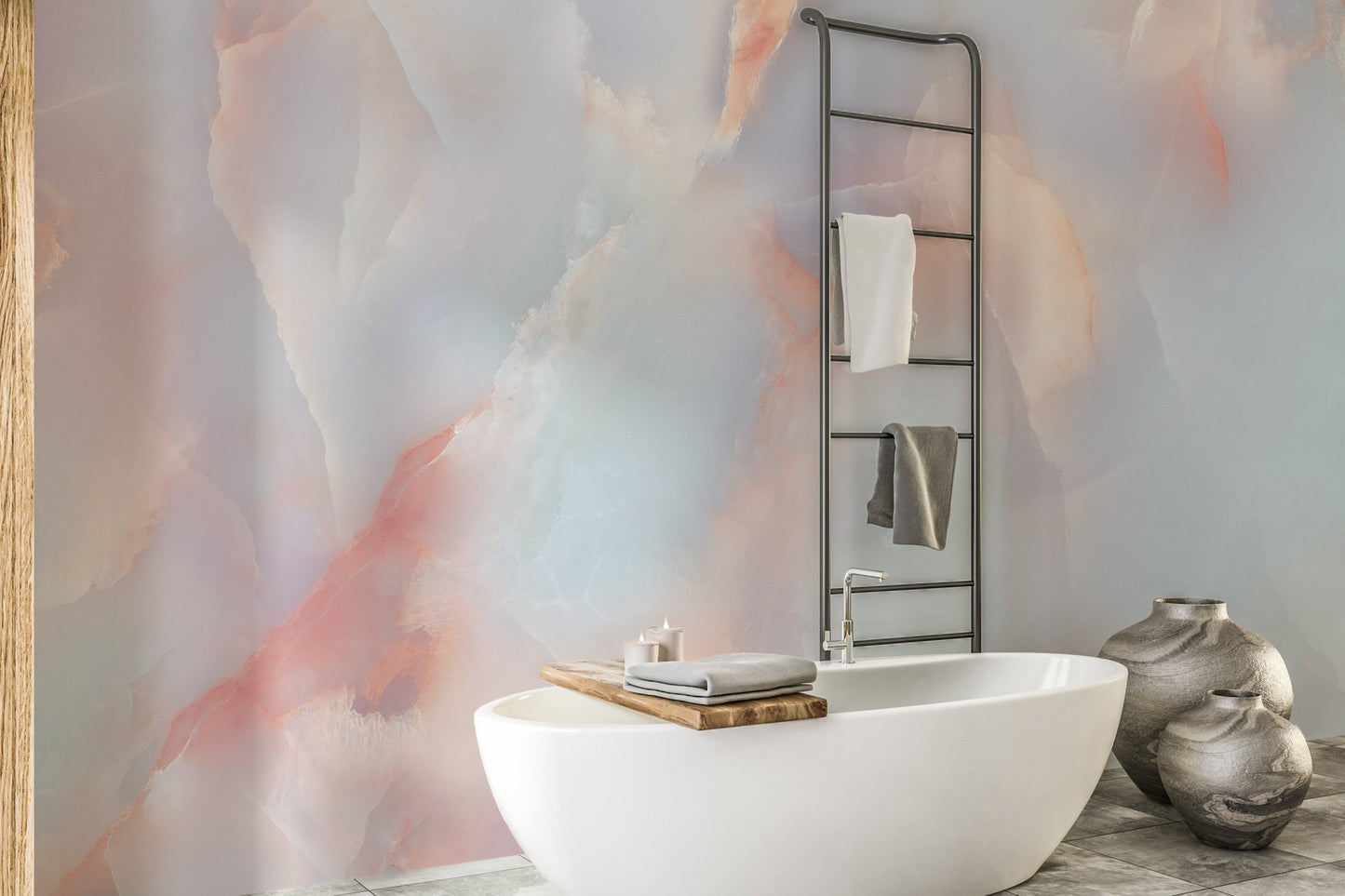Marble effect wall mural in a bright bathroom featuring a wooden ladder rack.