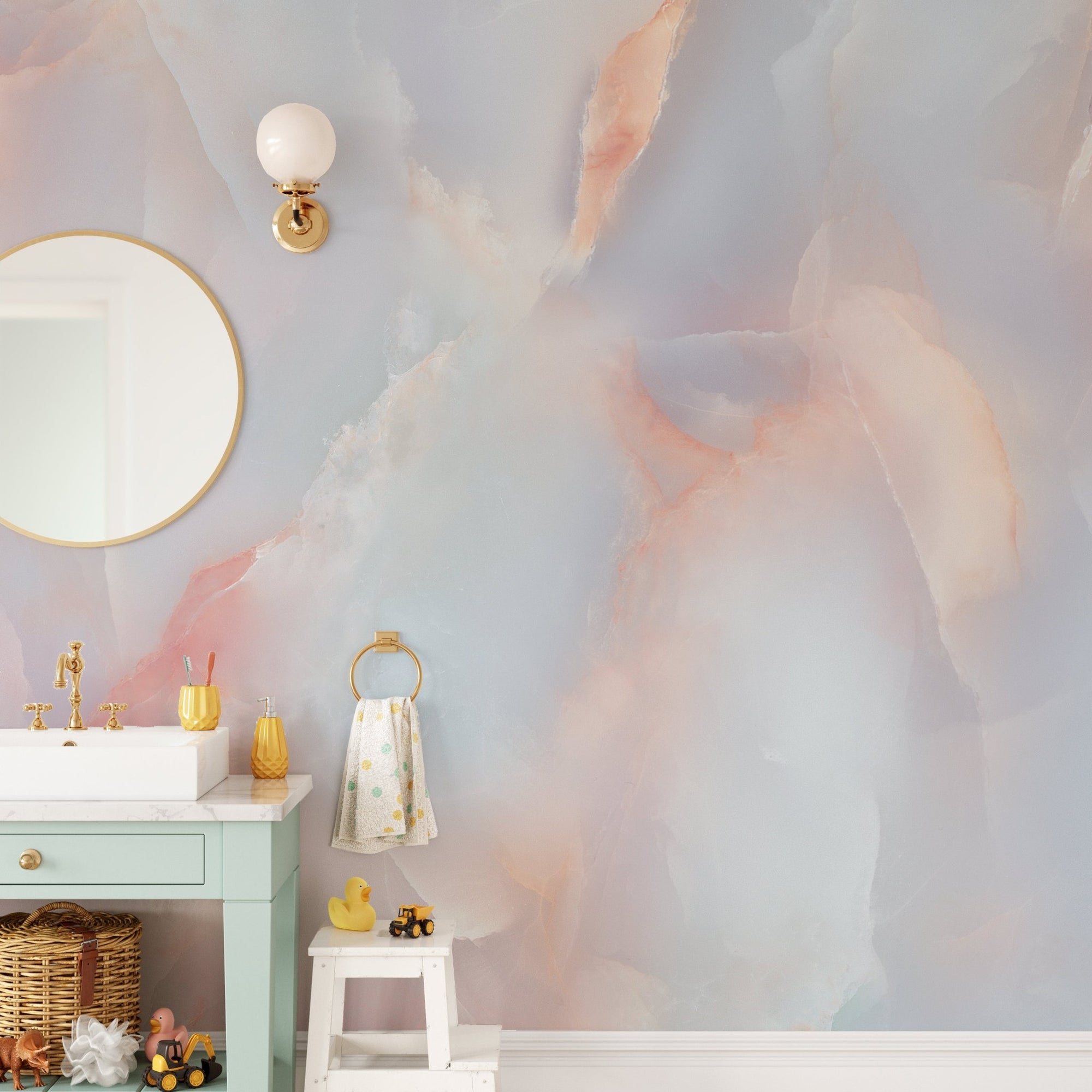 Onyx Pink Crystal Marble Wall mural in a modern bathroom with a green vanity.