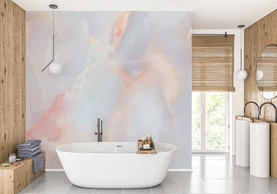 Onyx Pink Crystal Marble Wall mural in a contemporary washroom with double sinks.