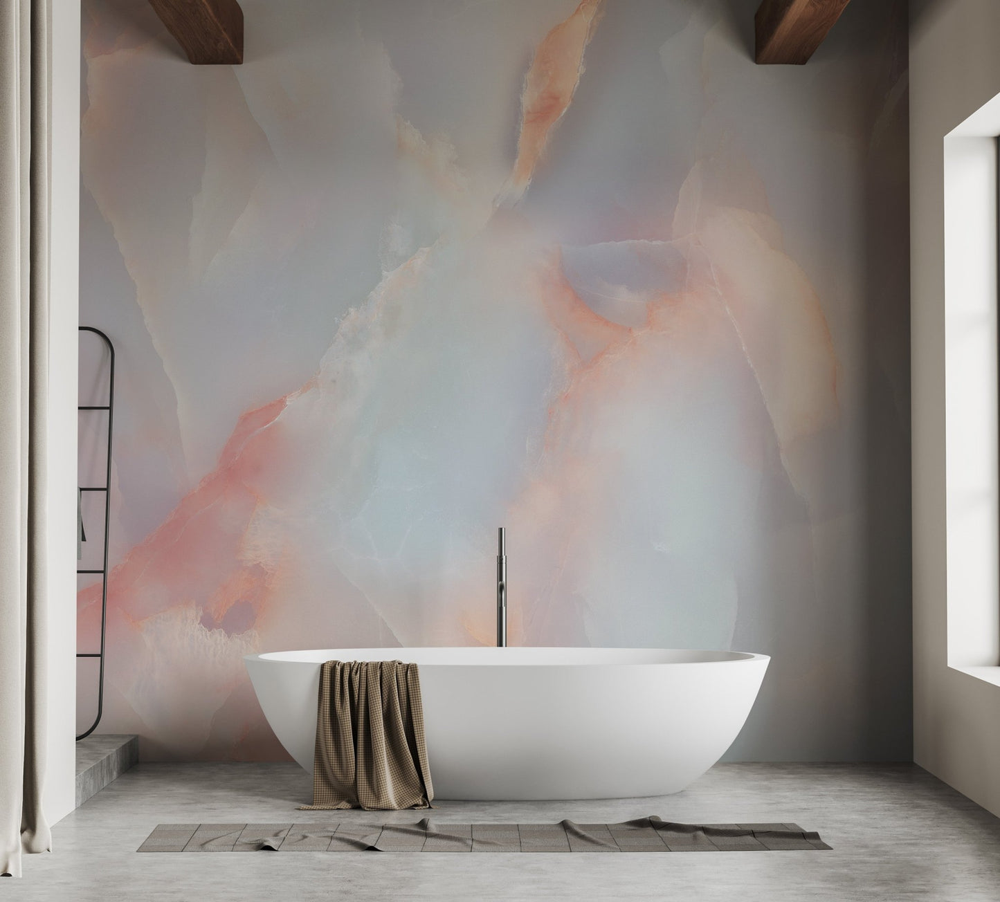 Marble pattern wall mural in a large bathroom with dark ceiling beams.