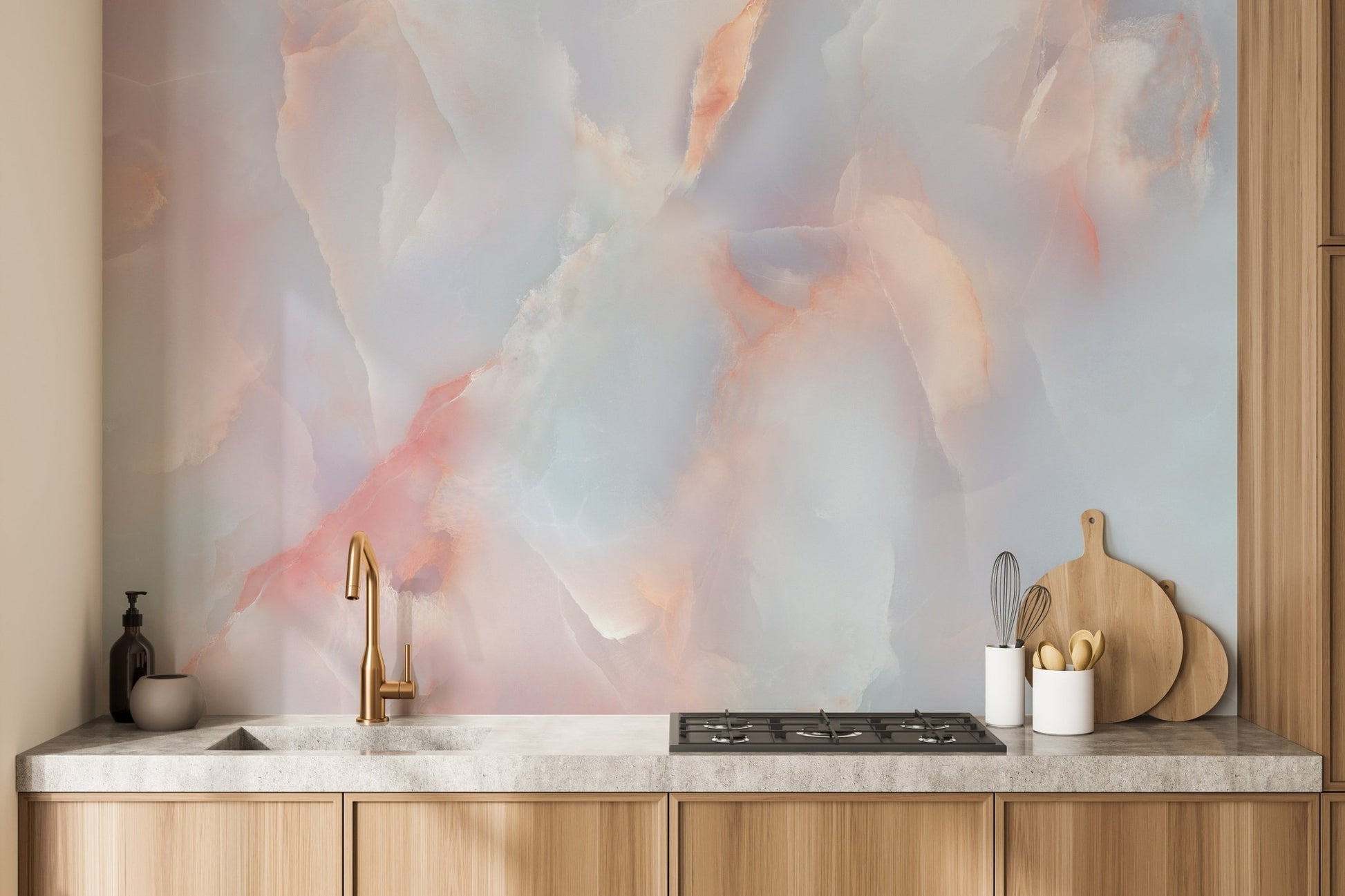 Kitchen backsplash area featuring Onyx Pink Crystal Marble Wall mural.