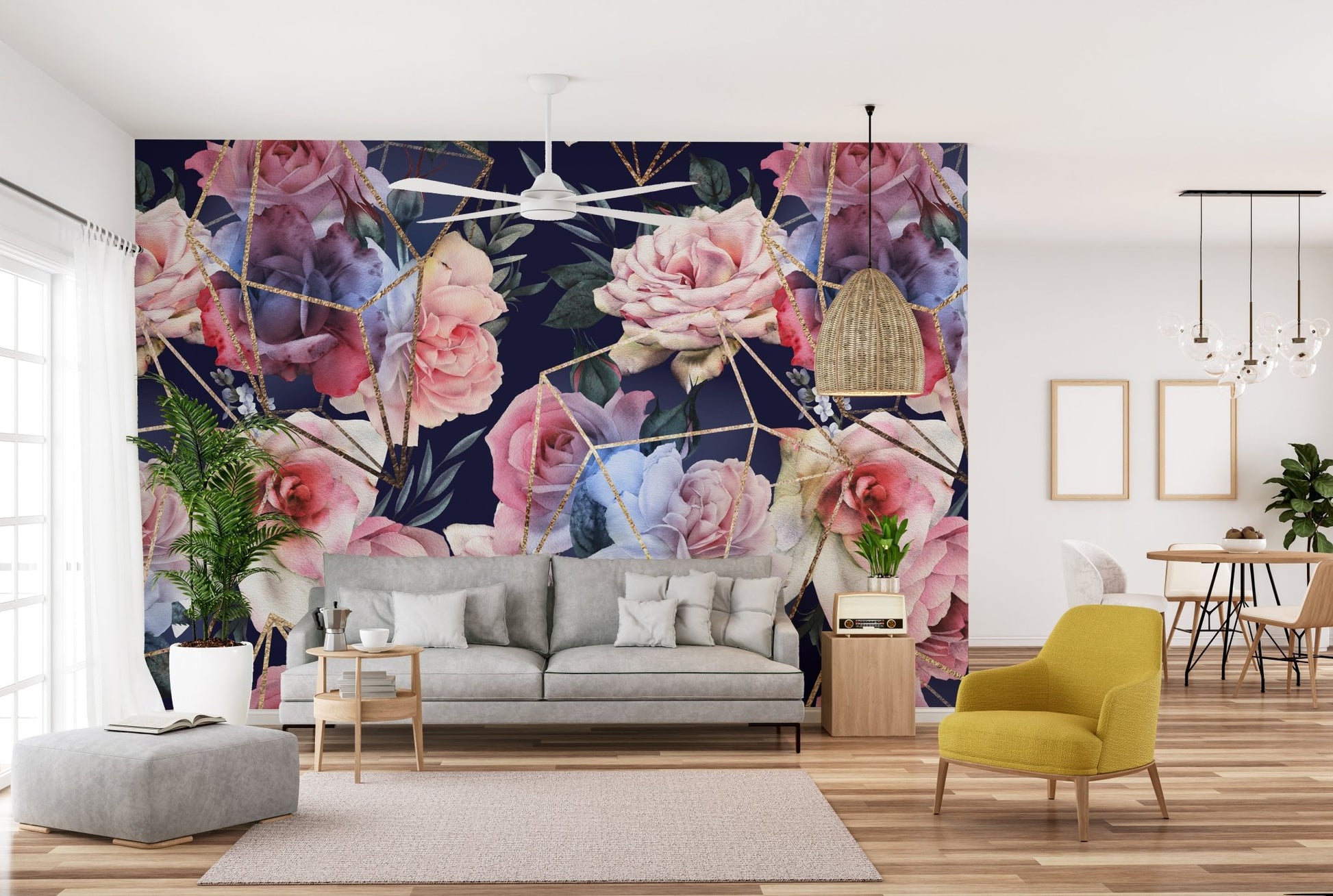 Contemporary living area with Opulent Blooms with Gold Lines wallpaper.