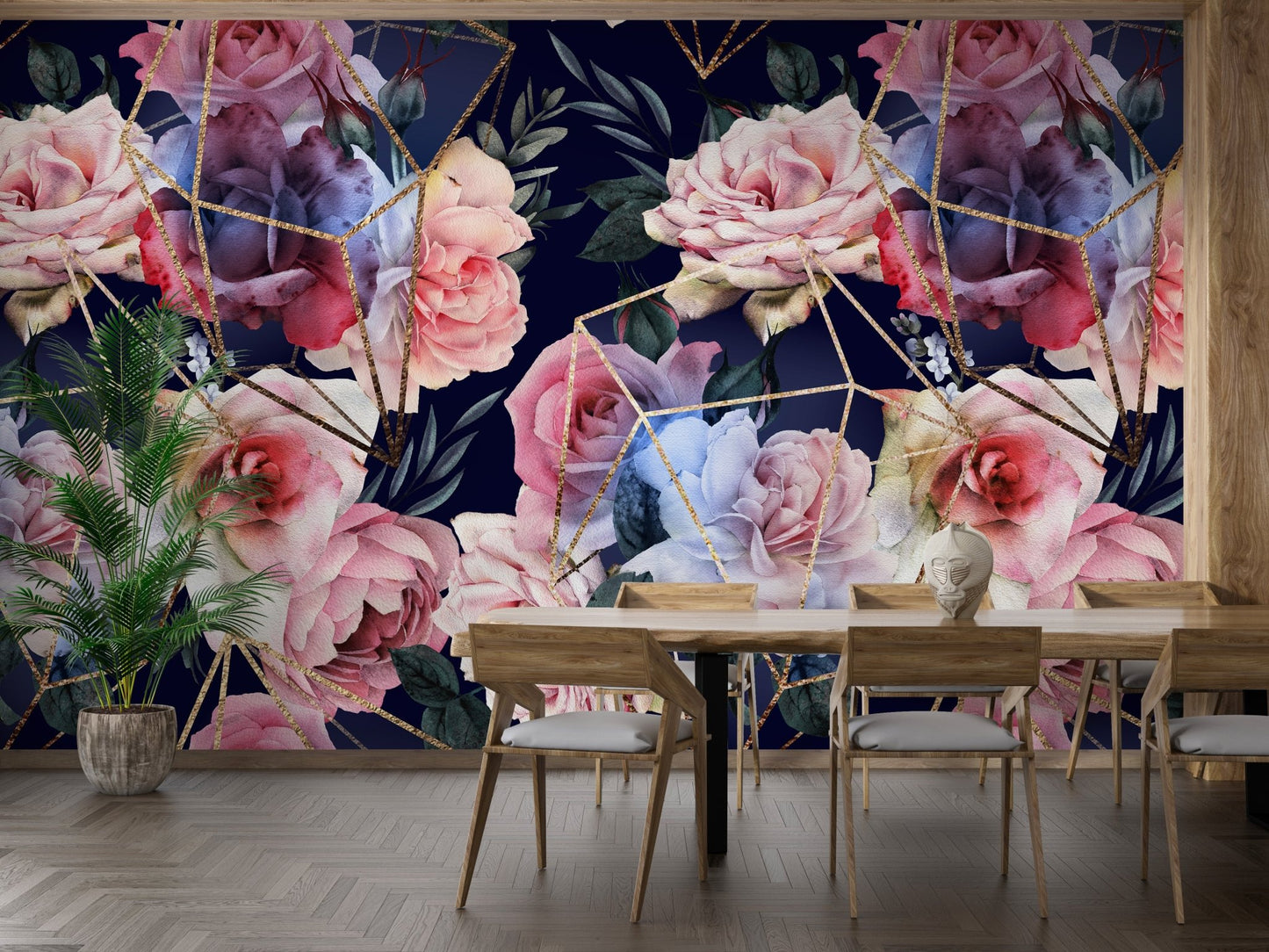 Minimalist dining room with an accent wall using floral gold line wallpaper.