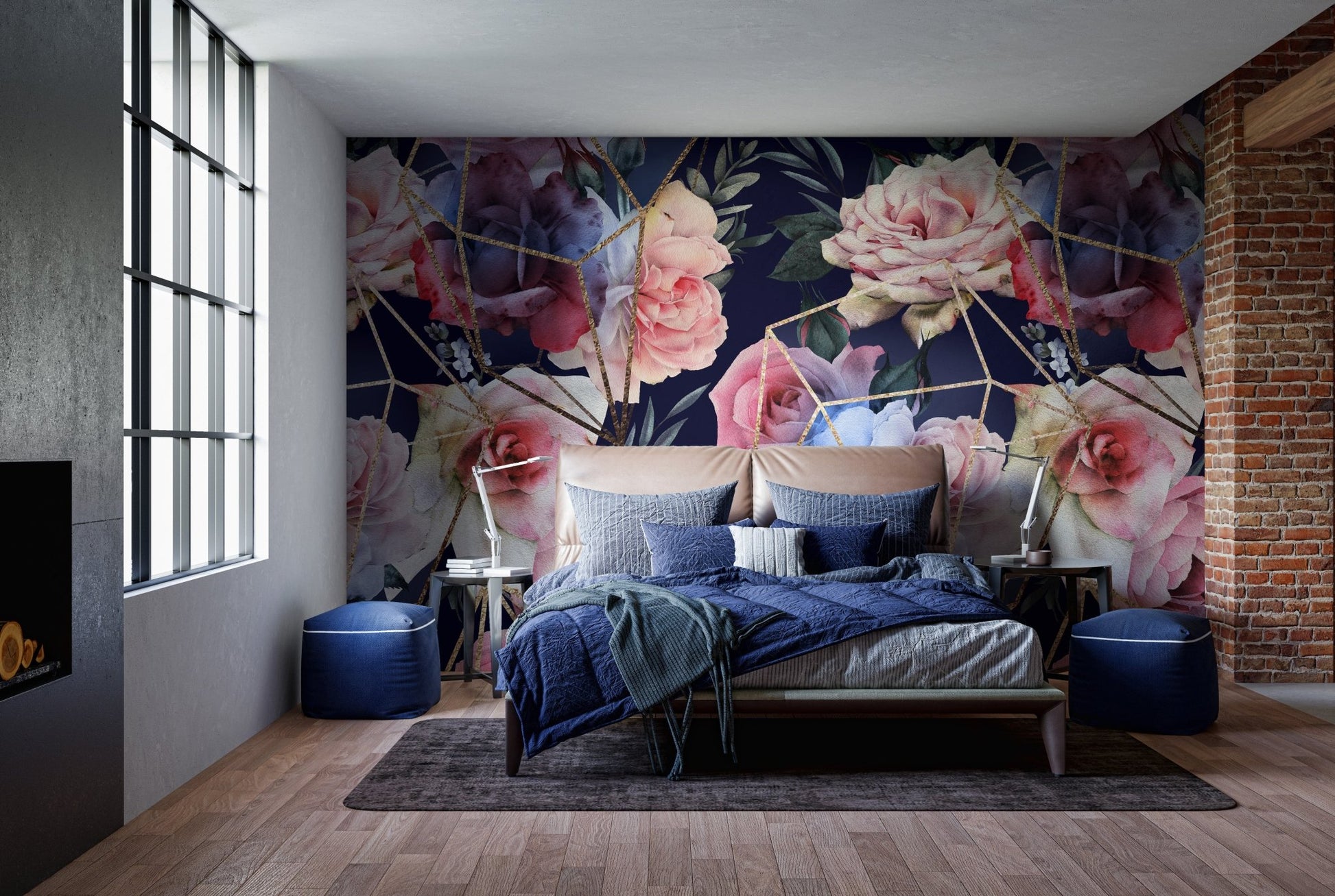 Bedroom interior featuring the Opulent Blooms with Gold Lines wallpaper.
