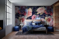 Bedroom interior featuring the Opulent Blooms with Gold Lines wallpaper.