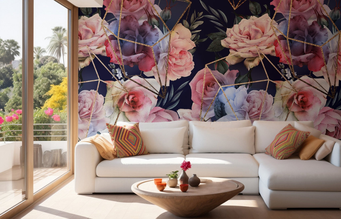Opulent Blooms with Gold Lines wallpaper in a bright modern living room.