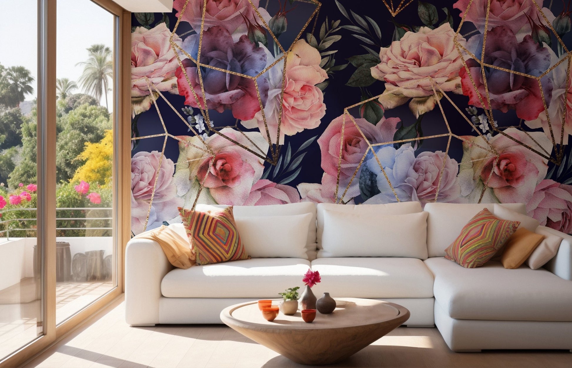 Opulent Blooms with Gold Lines wallpaper in a bright modern living room.