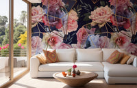 Opulent Blooms with Gold Lines wallpaper in a bright modern living room.
